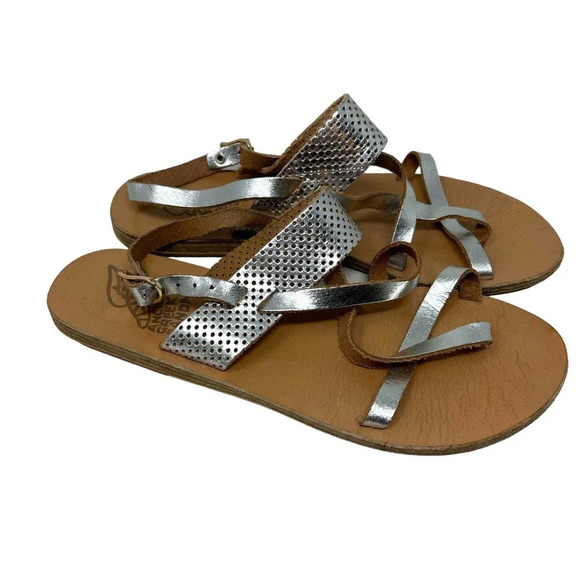 Ancient Greek Sandals Lasercut‎ Flat Leather Sandals Silver Size 38 US 8 - Picture 1 of 7